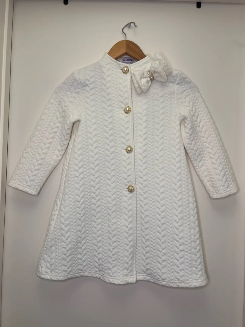 Blueberi Boulevard Girls White Quilted Coat Dress 6X Pearl Buttons Bow Holiday